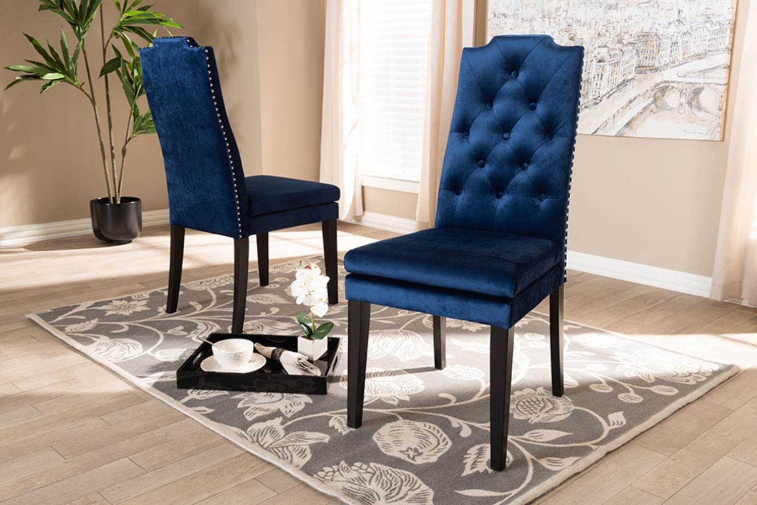 Baxton Studio Dylin Modern and Contemporary Navy Blue Velvet Fabric Upholstered Button Tufted Wood Dining Chair Set
